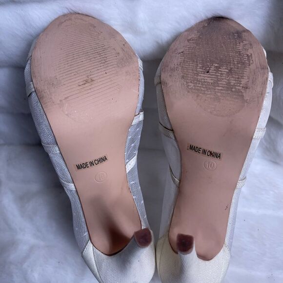 De Blossom collection beige iridescent textile & mesh ankle platform heels SZ10 - Picture 11 of 11